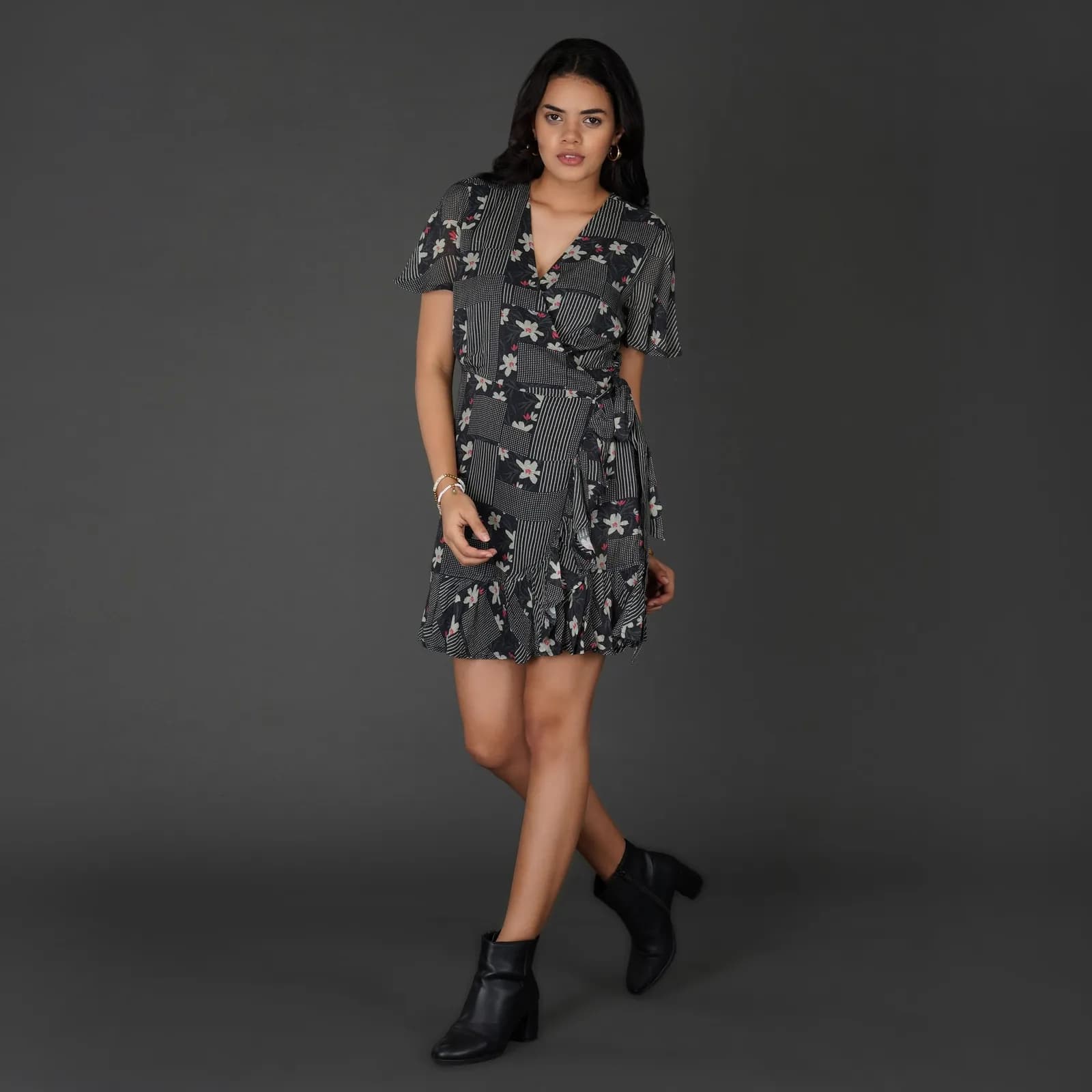 Monochrome Floral Printed Wrap Dress