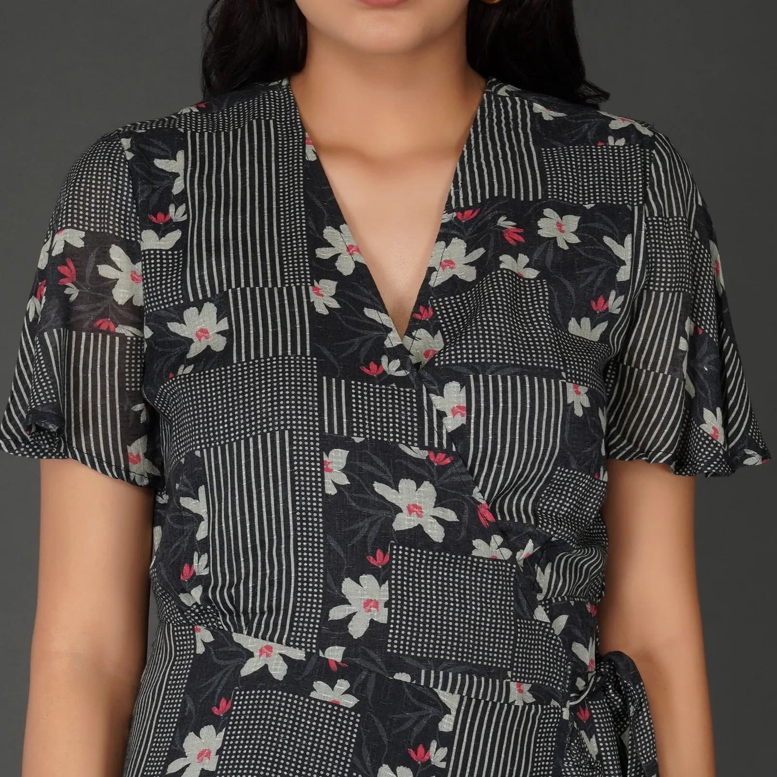 Monochrome Floral Printed Wrap Dress