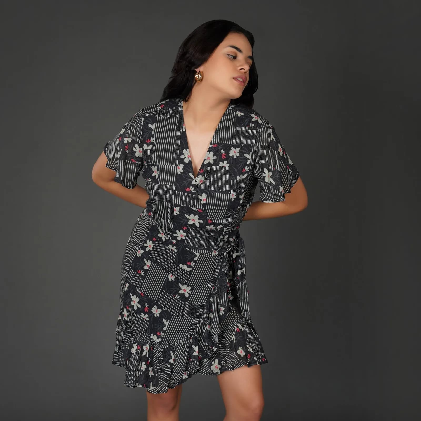 Monochrome Floral Printed Wrap Dress