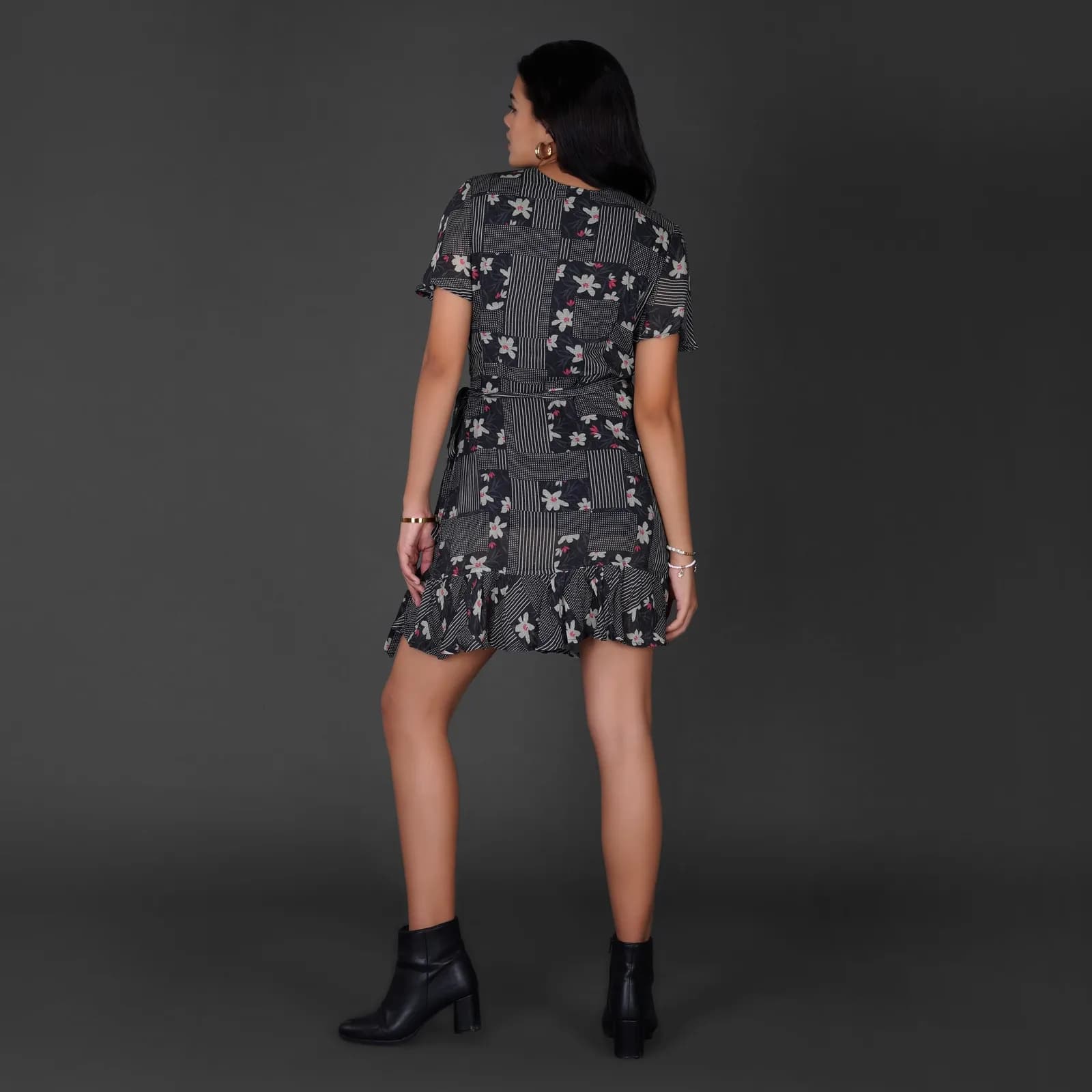 Monochrome Floral Printed Wrap Dress