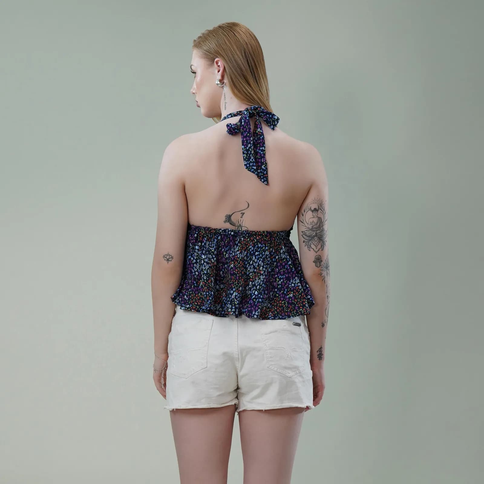 Halter Neck Floral Printed Top with Empire Waist & Tie-Up Back