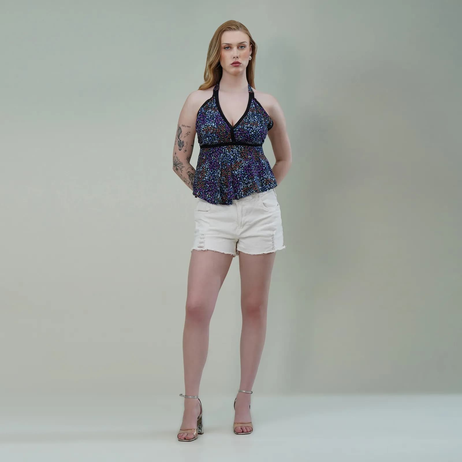 Halter Neck Floral Printed Top with Empire Waist & Tie-Up Back