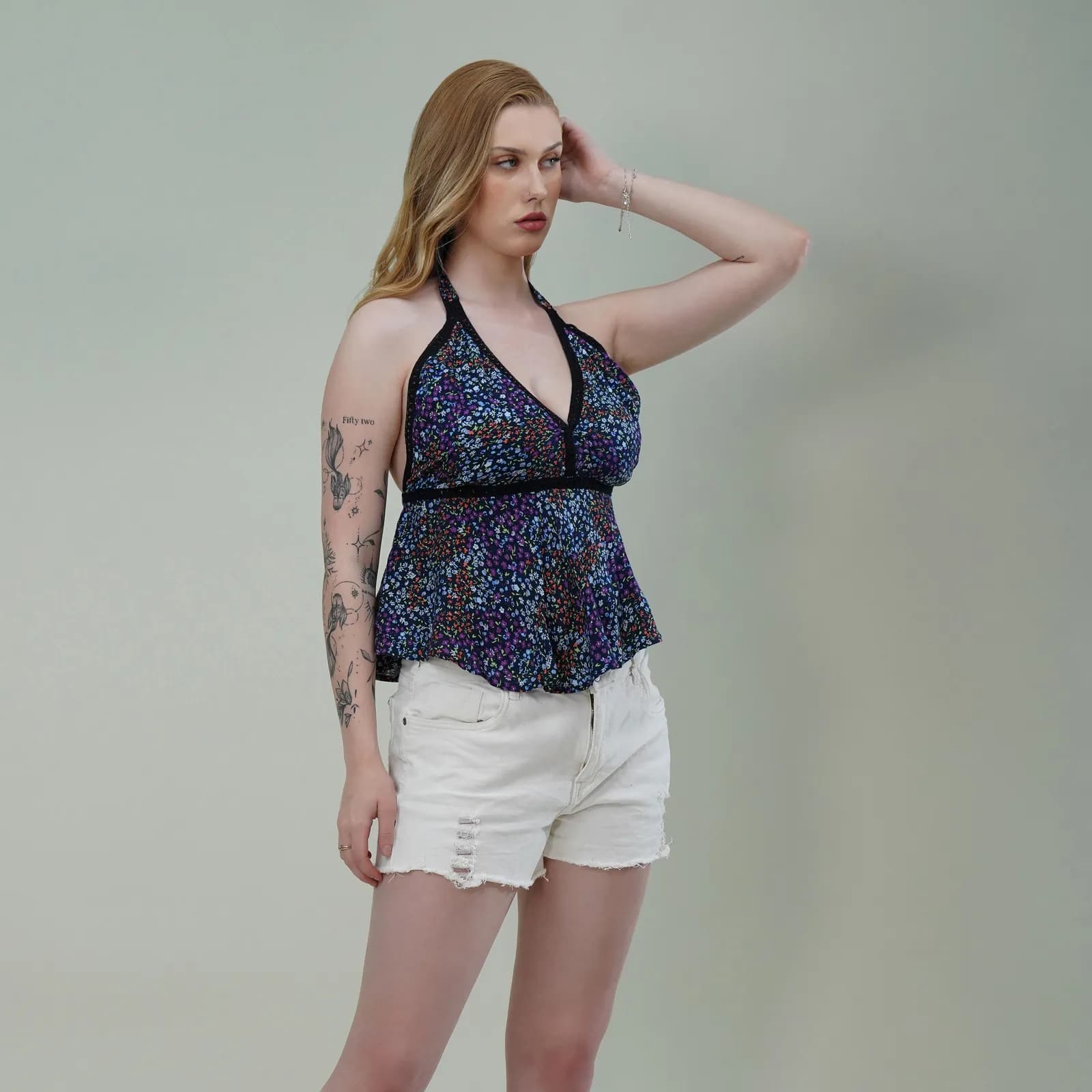 Halter Neck Floral Printed Top with Empire Waist & Tie-Up Back