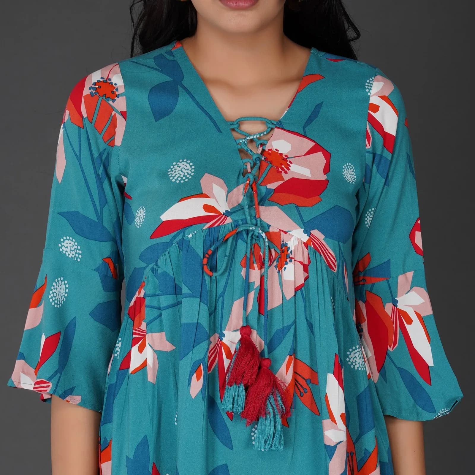 Boho Floral Sea Blue Rayon Dress with Tassel Detailing