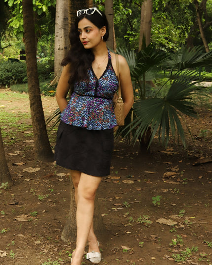 Halter Neck Floral Printed Top with Empire Waist & Tie-Up Back