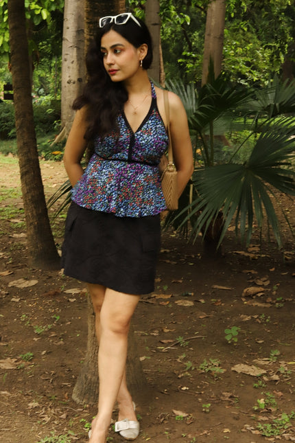 Halter Neck Floral Printed Top with Empire Waist & Tie-Up Back