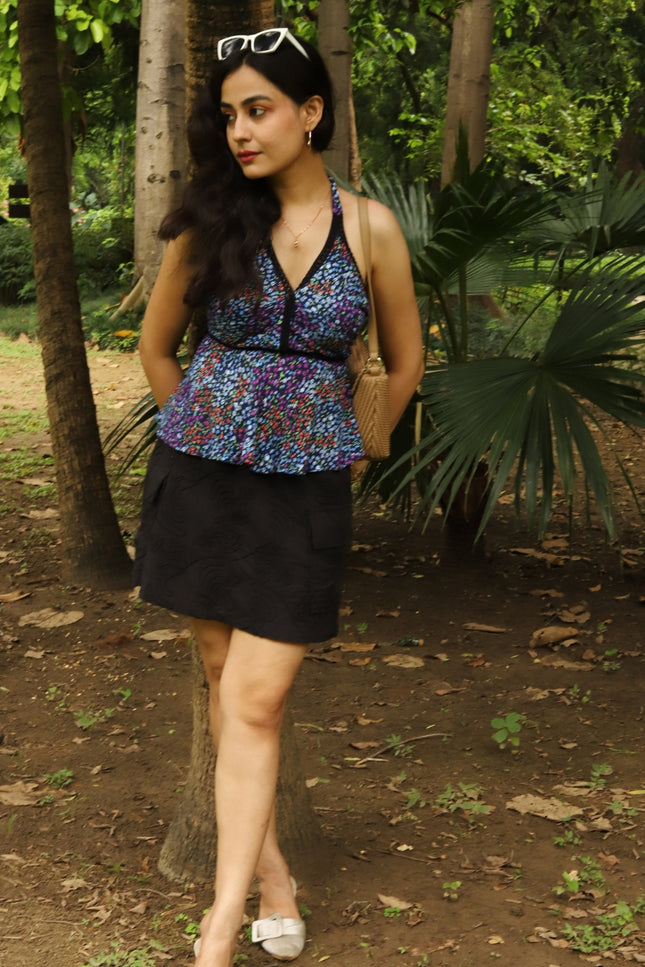 Halter Neck Floral Printed Top with Empire Waist & Tie-Up Back