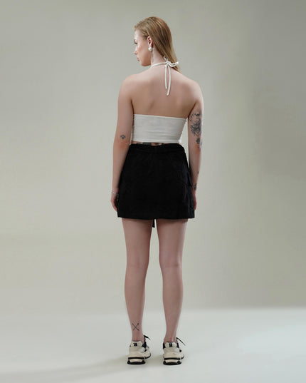 Black Dori Embroidered Cotton Flex Skirt with Utility Pockets & Waist Tie