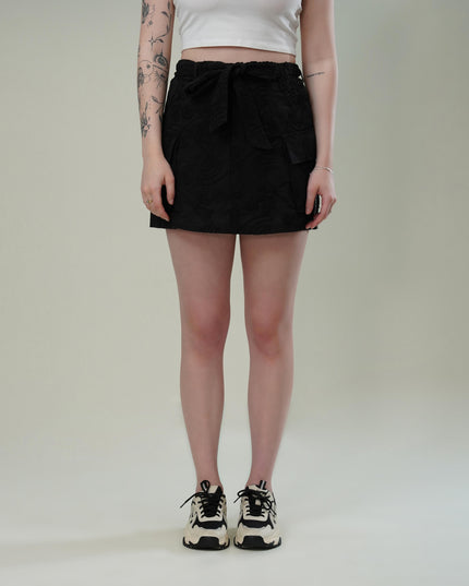 Black Dori Embroidered Cotton Flex Skirt with Utility Pockets & Waist Tie
