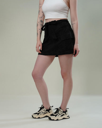 Black Dori Embroidered Cotton Flex Skirt with Utility Pockets & Waist Tie