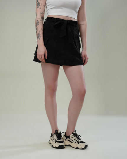 Black Dori Embroidered Cotton Flex Skirt with Utility Pockets & Waist Tie