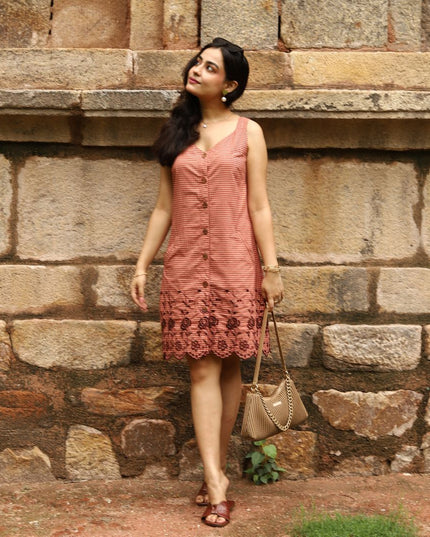 Rust Check Sleeveless Cotton Dress with Floral Embroidered Hem