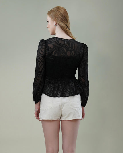 Black Georgette Burnout Textured Top with Smocked Waist
