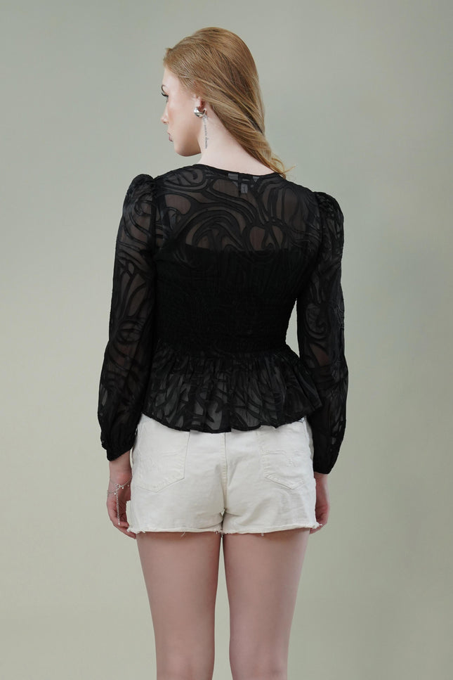Black Georgette Burnout Textured Top with Smocked Waist