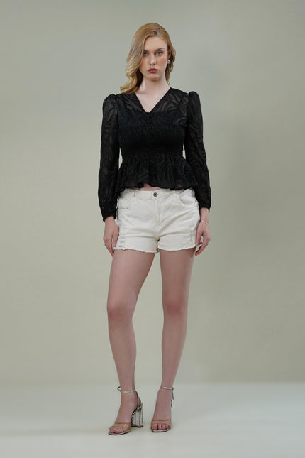 Black Georgette Burnout Textured Top with Smocked Waist