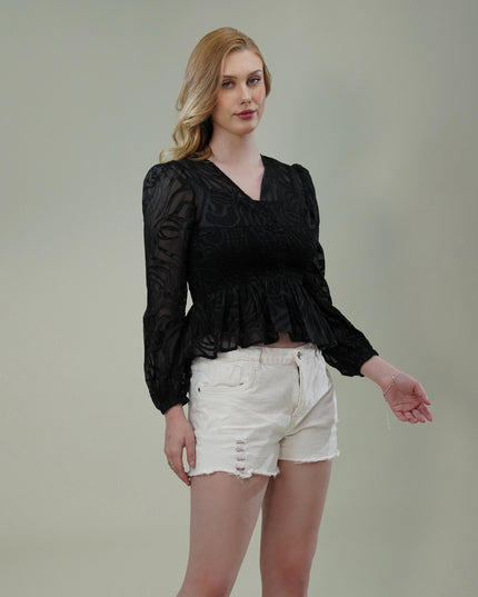 Black Georgette Burnout Textured Top with Smocked Waist