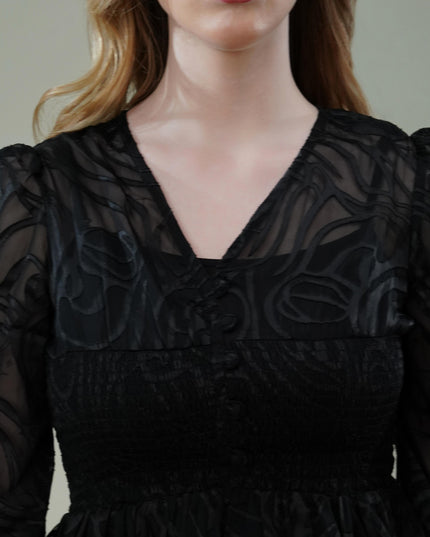 Black Georgette Burnout Textured Top with Smocked Waist