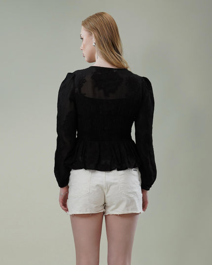 Black Floral Textured Georgette Peplum Top