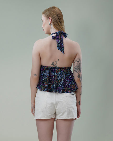 Halter Neck Floral Printed Top with Empire Waist & Tie-Up Back