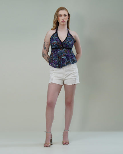 Halter Neck Floral Printed Top with Empire Waist & Tie-Up Back
