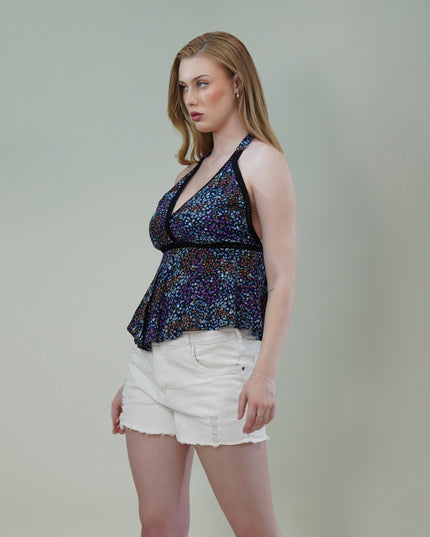 Halter Neck Floral Printed Top with Empire Waist & Tie-Up Back