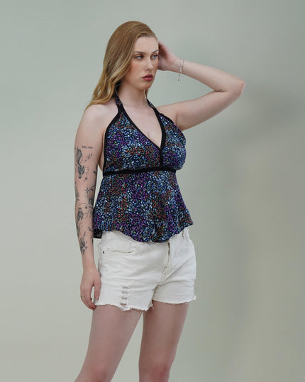 Halter Neck Floral Printed Top with Empire Waist & Tie-Up Back
