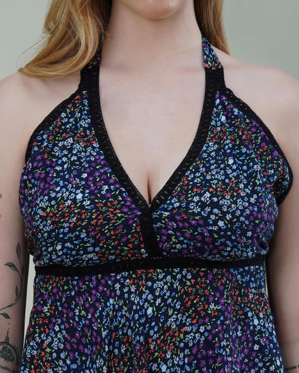 Halter Neck Floral Printed Top with Empire Waist & Tie-Up Back