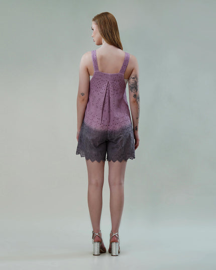 Mauve Cotton Ombre Schiffli Jumpsuit with Scalloped Hem & Buttoned Straps