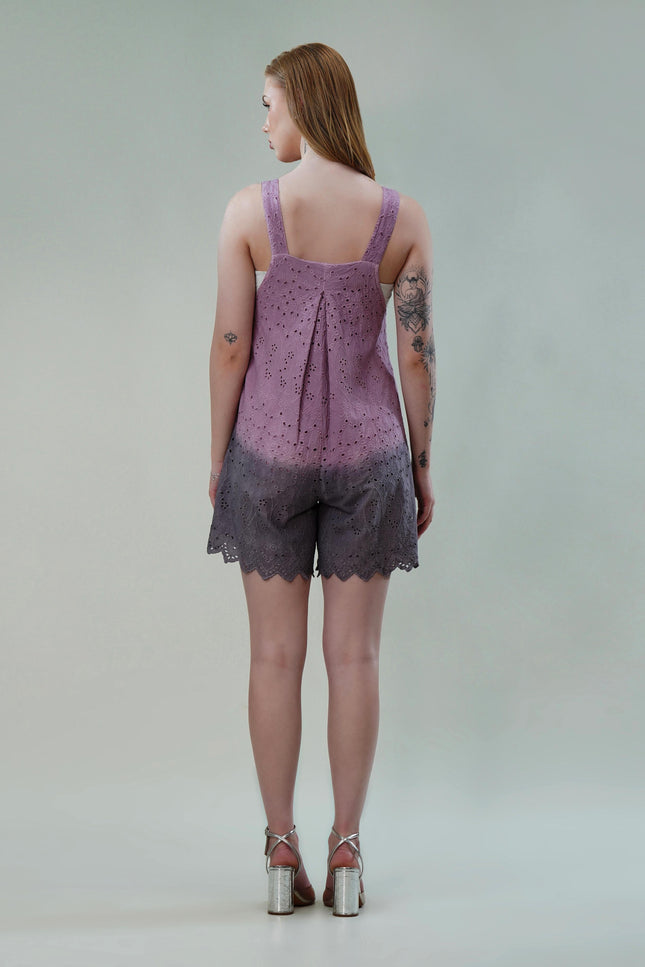 Mauve Cotton Ombre Schiffli Jumpsuit with Scalloped Hem & Buttoned Straps