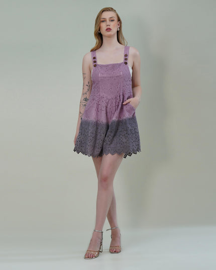 Mauve Cotton Ombre Schiffli Jumpsuit with Scalloped Hem & Buttoned Straps