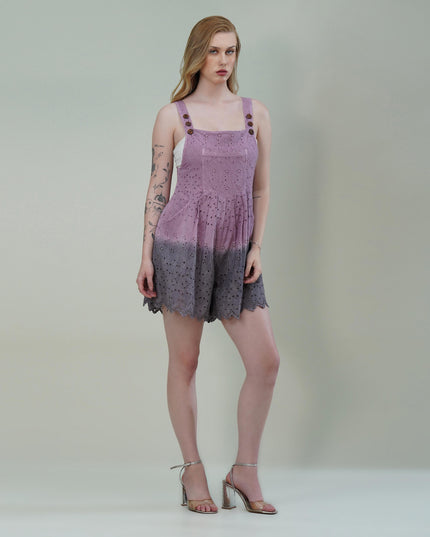 Mauve Cotton Ombre Schiffli Jumpsuit with Scalloped Hem & Buttoned Straps
