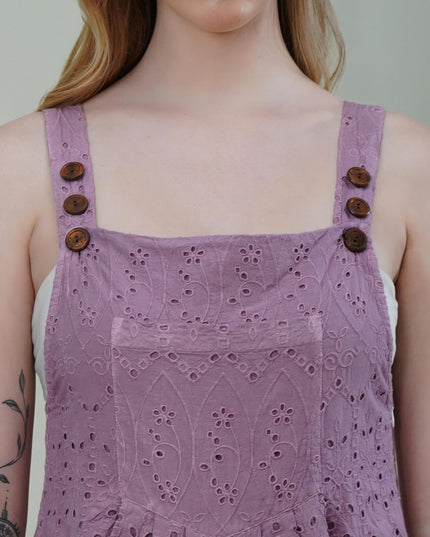 Mauve Cotton Ombre Schiffli Jumpsuit with Scalloped Hem & Buttoned Straps