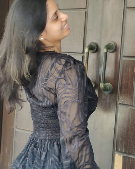 Black Georgette Burnout Textured Top with Smocked Waist