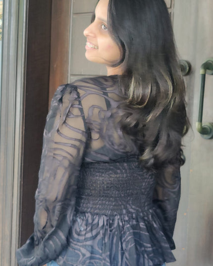 Black Georgette Burnout Textured Top with Smocked Waist