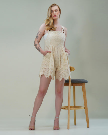 Vanilla Cotton Sleeveless Schiffli Jumpsuit with Scalloped Hem & Wooden Button Straps