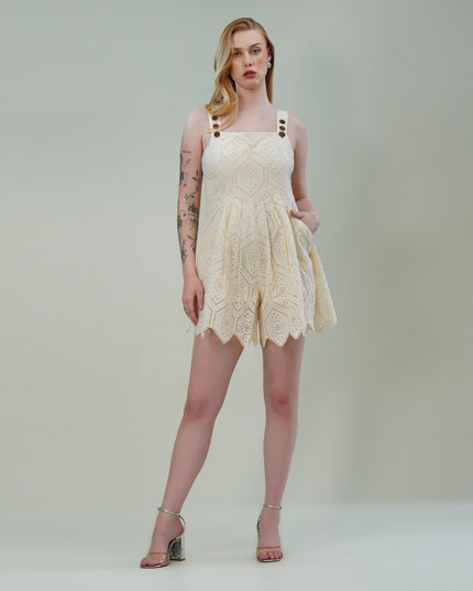 Vanilla Cotton Sleeveless Schiffli Jumpsuit with Scalloped Hem & Wooden Button Straps