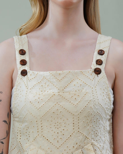 Vanilla Cotton Sleeveless Schiffli Jumpsuit with Scalloped Hem & Wooden Button Straps