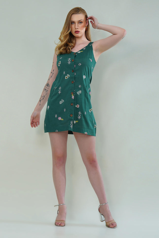 Floral Button-Down Squared V-Neck Dress