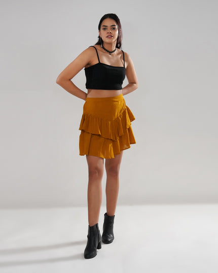 Asymmetrical Ruffle Cotton Slub Skirt in Mustard