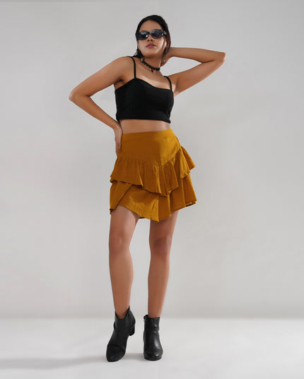 Asymmetrical Ruffle Cotton Slub Skirt in Mustard