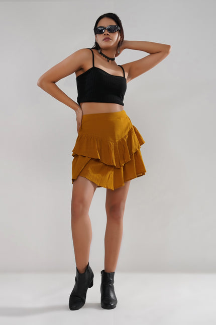 Asymmetrical Ruffle Cotton Slub Skirt in Mustard