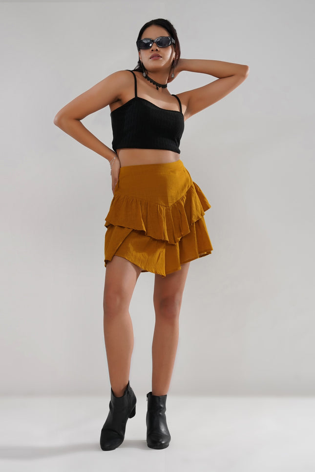 Asymmetrical Ruffle Cotton Slub Skirt in Mustard