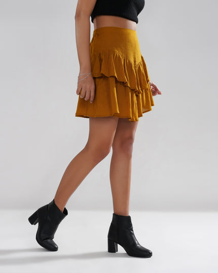 Asymmetrical Ruffle Cotton Slub Skirt in Mustard