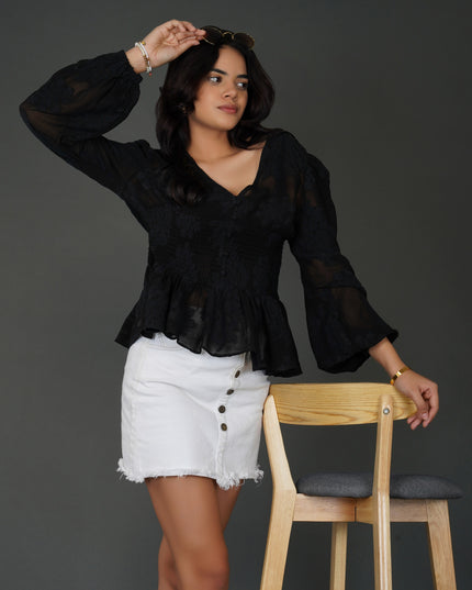 Black Floral Textured Georgette Peplum Top