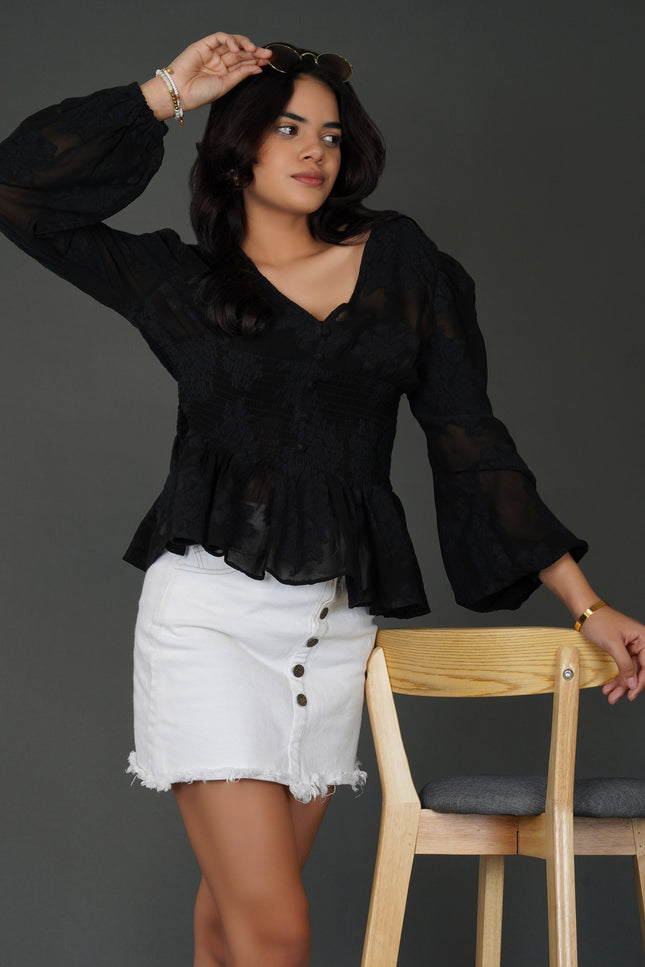 Black Floral Textured Georgette Peplum Top