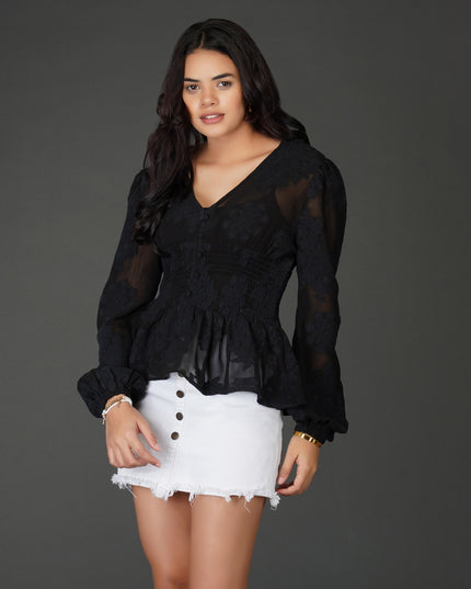 Black Floral Textured Georgette Peplum Top