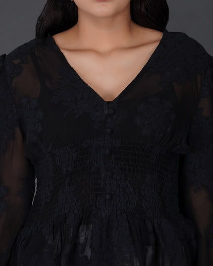 Black Floral Textured Georgette Peplum Top