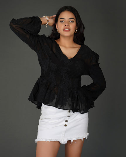 Black Floral Textured Georgette Peplum Top