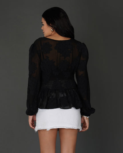 Black Floral Textured Georgette Peplum Top