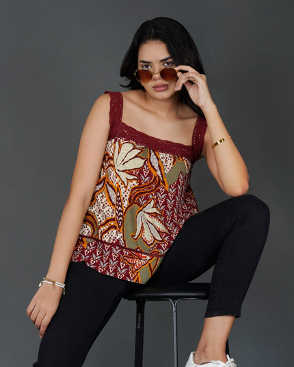 Boho Crochet Accent Square-Neck Top